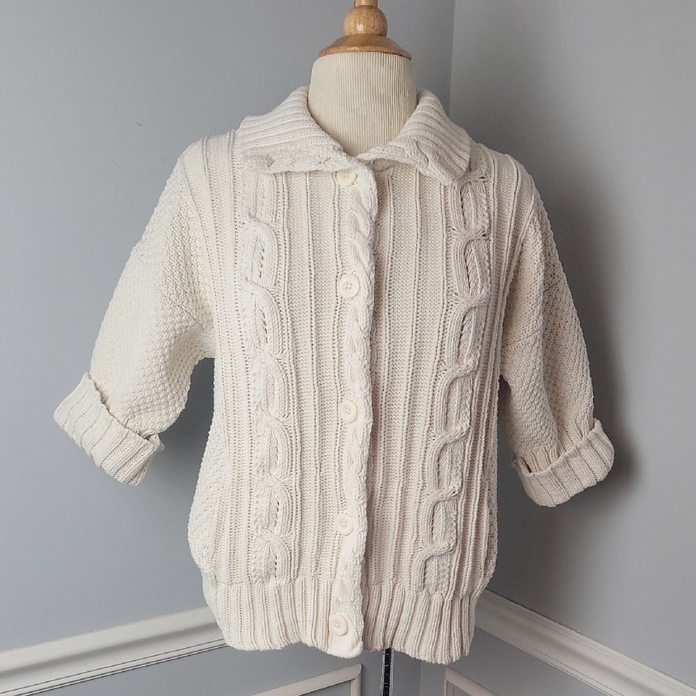 GAP Cream White Cable Knit Chunky 3/4 Dolman‎ Sleeve Collar Cardigan Sweater M